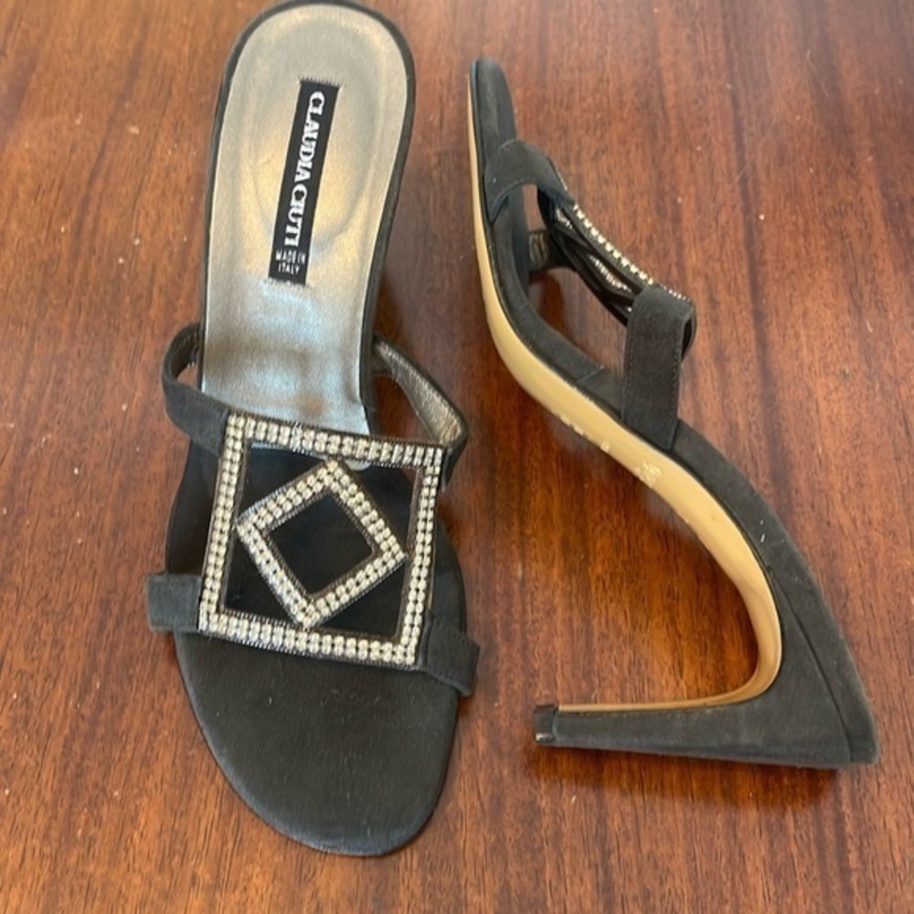 🍴Claudia Ciuti suede curved heel geometric rhinestone detail sandals